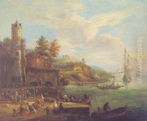 Mediterrranean Harbour Scene With Figures Loading And Unloading Barrels On A Quay, Others Resting Near By