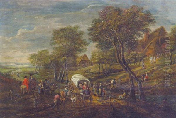 Peasants On A Track By A Stream, A Village Beyond - view 1
