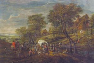 Peasants On A Track By A Stream, A Village Beyond by Pieter Bout
