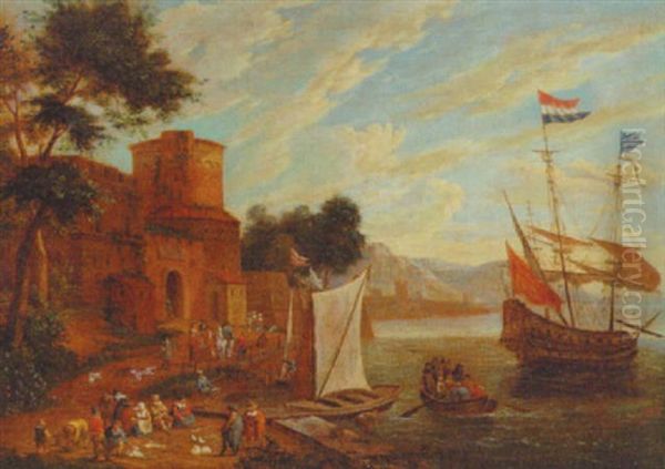 A Coastal Inlet With Figures By A Landing Stage, A Ferry And A Dutch Warship Beyond - view 1