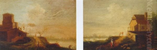 River Landscape With Peasants Near Farmhouses - view 1