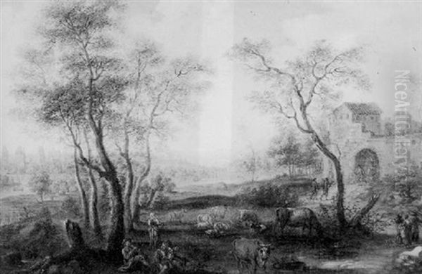 An Evening Landscape With Shepherds And Their Livestock In The Foreground, A Manor House And A Distant Town - view 1
