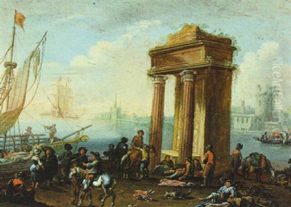 Ein Sudlicher Hafen Mit Einem Antiken Monument, Schiffen Und Vielen Figuren - view 1