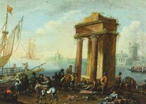 Ein Sudlicher Hafen Mit Einem Antiken Monument, Schiffen Und Vielen Figuren by Pieter Bout