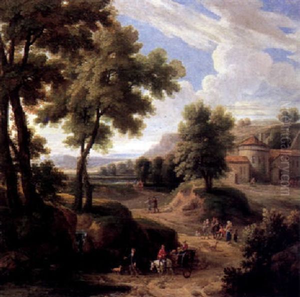 Peasants Returning From Market On A Sandy Track By A Waterfall In An Italianate Landscape - view 1