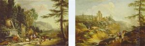 An Italianate Landscape With Figures And Goats Before Classical Ruins by Pieter Bout