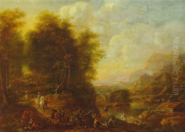 A Wooded River Landscape With Woodmen And Travellers On A Track, Cottages Beyond - view 1