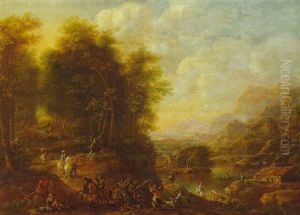 A Wooded River Landscape With Woodmen And Travellers On A Track, Cottages Beyond A Wooded River Landscape With Woodmen And Travellers On A Track, Cottages Beyond