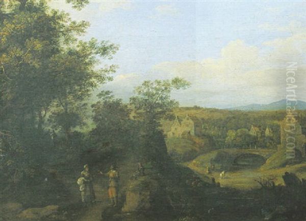 A Wooded Landscape With Travellers On A Path, A Village By A River Beyond - view 1