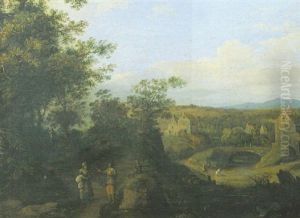 A Wooded Landscape With Travellers On A Path, A Village By A River Beyond by Pieter Bout