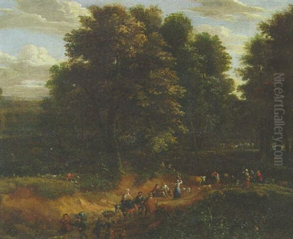 A Wooded Landscape With Drovers On A Sandy Track - view 1