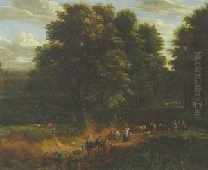 A Wooded Landscape With Drovers On A Sandy Track
