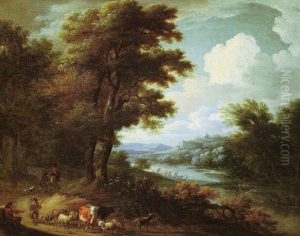 Ideale Fluslandschaft Mit Reiter, Hirten Und Vieh - view 1