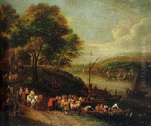 Travellers In A Wooded River Landscape With Small Craft On A River And Figures By A Ferry by Pieter Bout