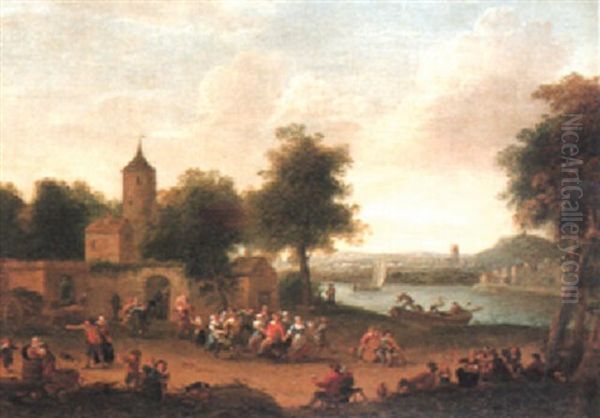 Villagers Dancing Outside The Walls Of A Village - view 1