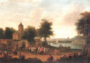 Villagers Dancing Outside The Walls Of A Village