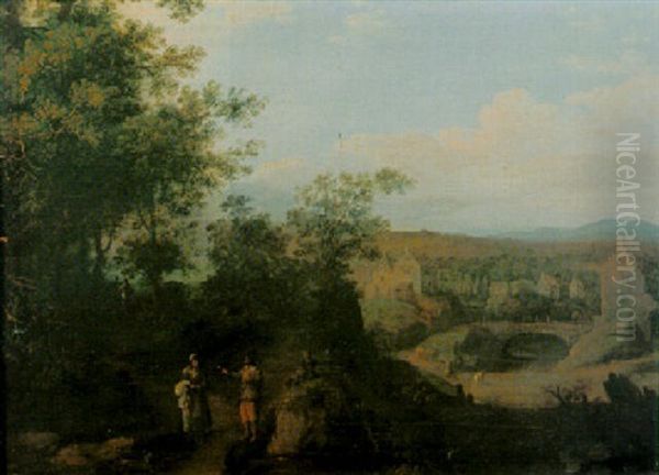 Wooded Landscape With Travellers On A Path, A Village Beyond - view 1
