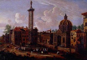 Vue De Fantaisie De La Ville De Rome Avec La Colonne Trajanne by Pieter Bout