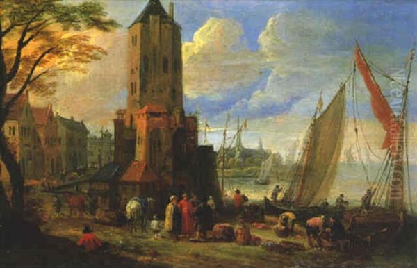 Figures And Boats By A Dutch Port - view 1