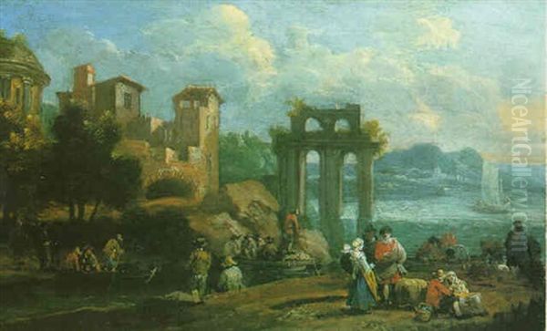 Landscape With Figures Resting Near Ruins, A Lake With Boats Beyond - view 1