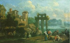 Landscape With Figures Resting Near Ruins, A Lake With Boats Beyond by Pieter Bout