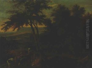 An Italianate River Landscape With Drovers On A Track
