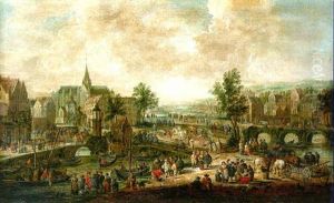 A Flemish Town With Numerous Figures In The Foreground And Horse-drawn Carriages Crossing A Bridge