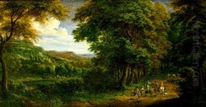Elegant Travellers Discoursing With A Peasant Family On A Wooded Track