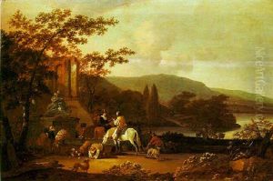 An Elegant Hunting Party Halting By A Sculpted Fountain In An Italianate River Landscape by Pieter Bout
