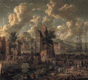 A Capriccio Of A Harbour With Numerous Figures by Pieter Bout