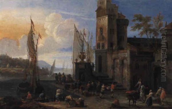 A Mediterranean Port With Fisherfolk And Merchants On A Quayside - view 1