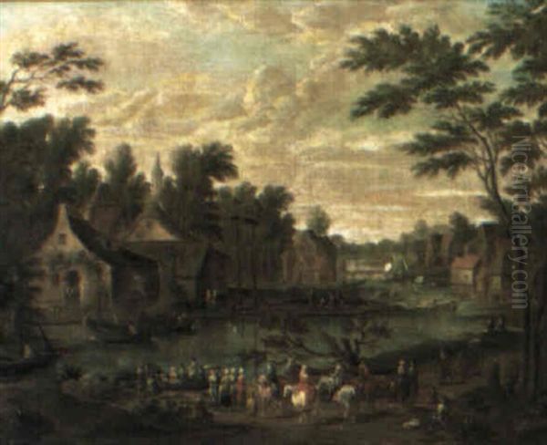 River Landscape With A Town And Figures - view 1