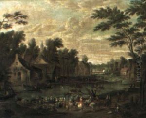 River Landscape With A Town And Figures by Pieter Bout