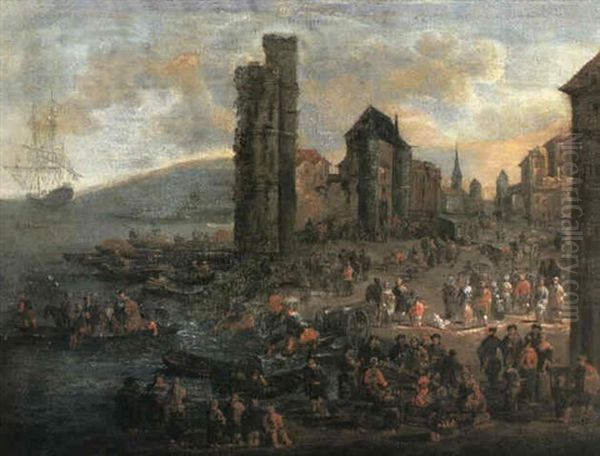 A Harbour With A Ferry Boat And Numerous Figures On The Shoreline - view 1