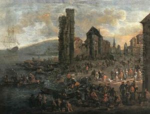 A Harbour With A Ferry Boat And Numerous Figures On The     Shoreline