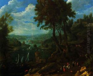 Gebirgige Flusslandschaft Mit Booten Und Vielen Figuren by Pieter Bout