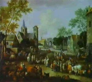 Dorflandschaft Mit Einem Markt Und Vielen Figuren