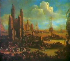 Eine Hafenstadt Mit Vielen Figuren