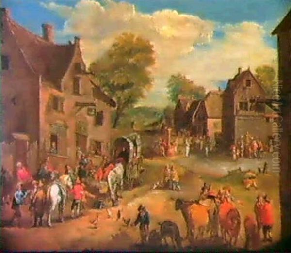 Dorfstrasse Mit Planwagen Vor Einem Wirtshaus. - view 1