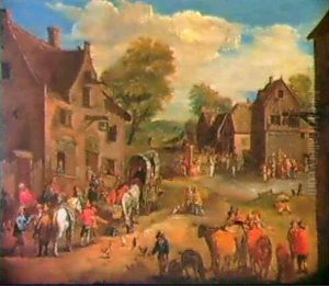 Dorfstrasse Mit Planwagen Vor Einem Wirtshaus.