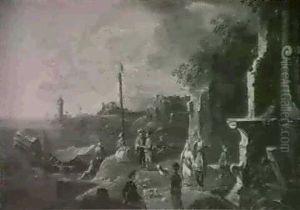Mediterranean Port Scenes With Figures In Oriental Costume Walking Among Ruins (a Pair) by Pieter Bout
