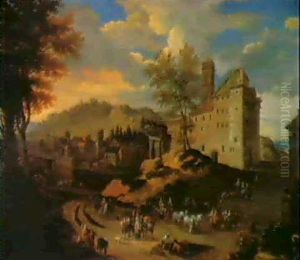 Ausflug In Die Campagna. Italienische Landschaft Mit Befestigtem Dorf...