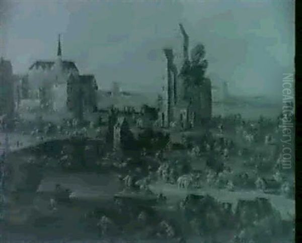 A Townscape With Many Figures In A Market Place Beside A Canal, A River Beyond - view 1
