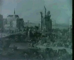 A Townscape With Many Figures In A Market Place Beside A    Canal, A River Beyond