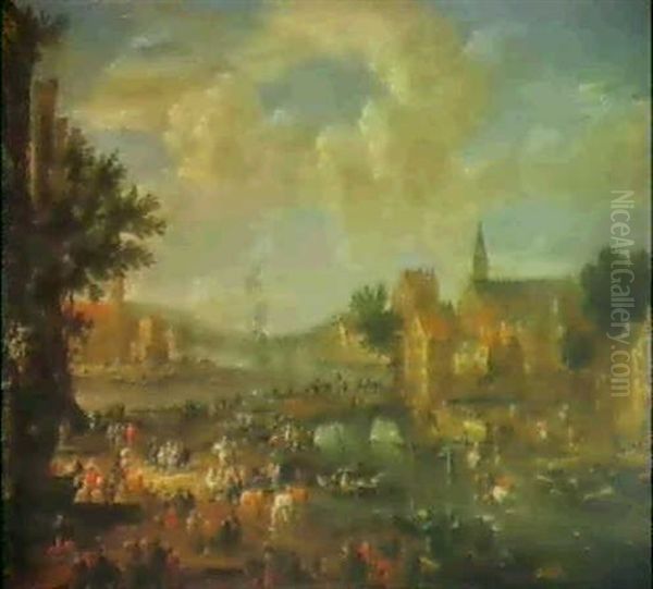 Many Figures Gathered At A Ford Outside A Village - view 1