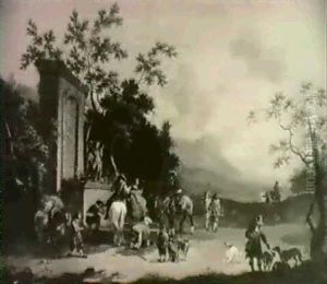 A Hawking Party Stopped By A Fountain A Mountainous         Landscapes Beyond