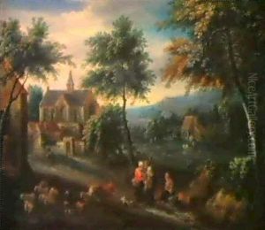 Waldlandschaft Mit Bauern Und Einer Herde Vor Einem Dorf