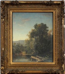 Dock With Cows At Waters Edge by Dewitt Clinton Boutelle