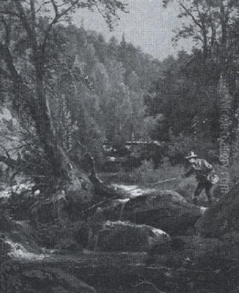 Landscape With Waterfall And Fisherman - view 1