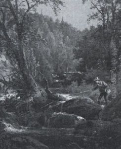 Landscape With Waterfall And Fisherman